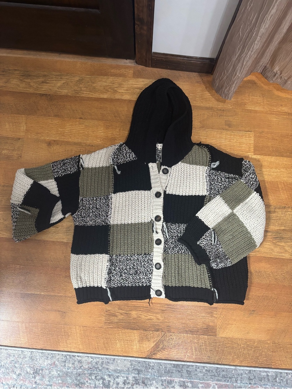 POL Patchwork Hooded Button-Front Sweater - Black, Olive & Cream